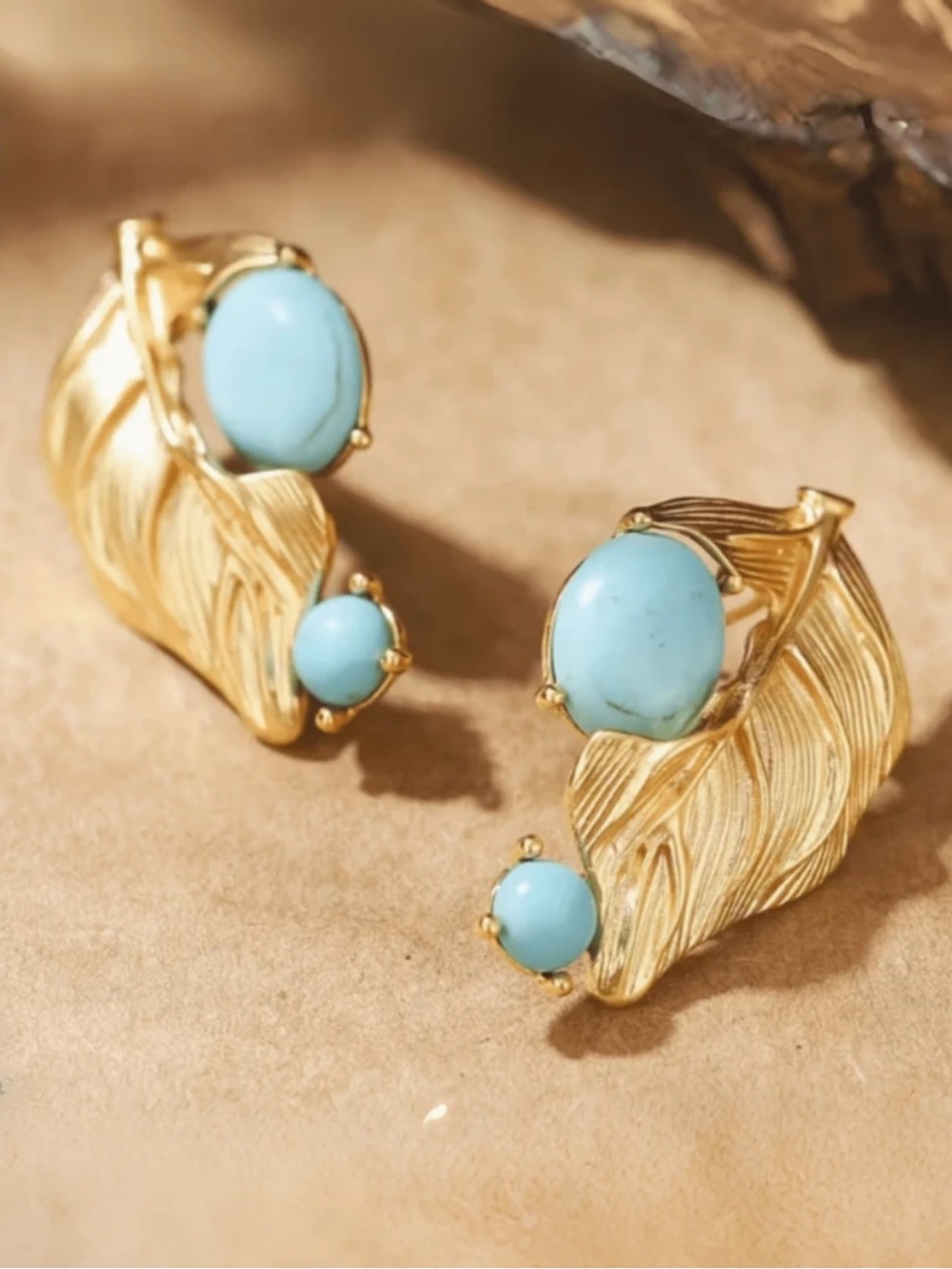 Celestine Blue Sculpted Leaf Earrings with Turquoise Stones